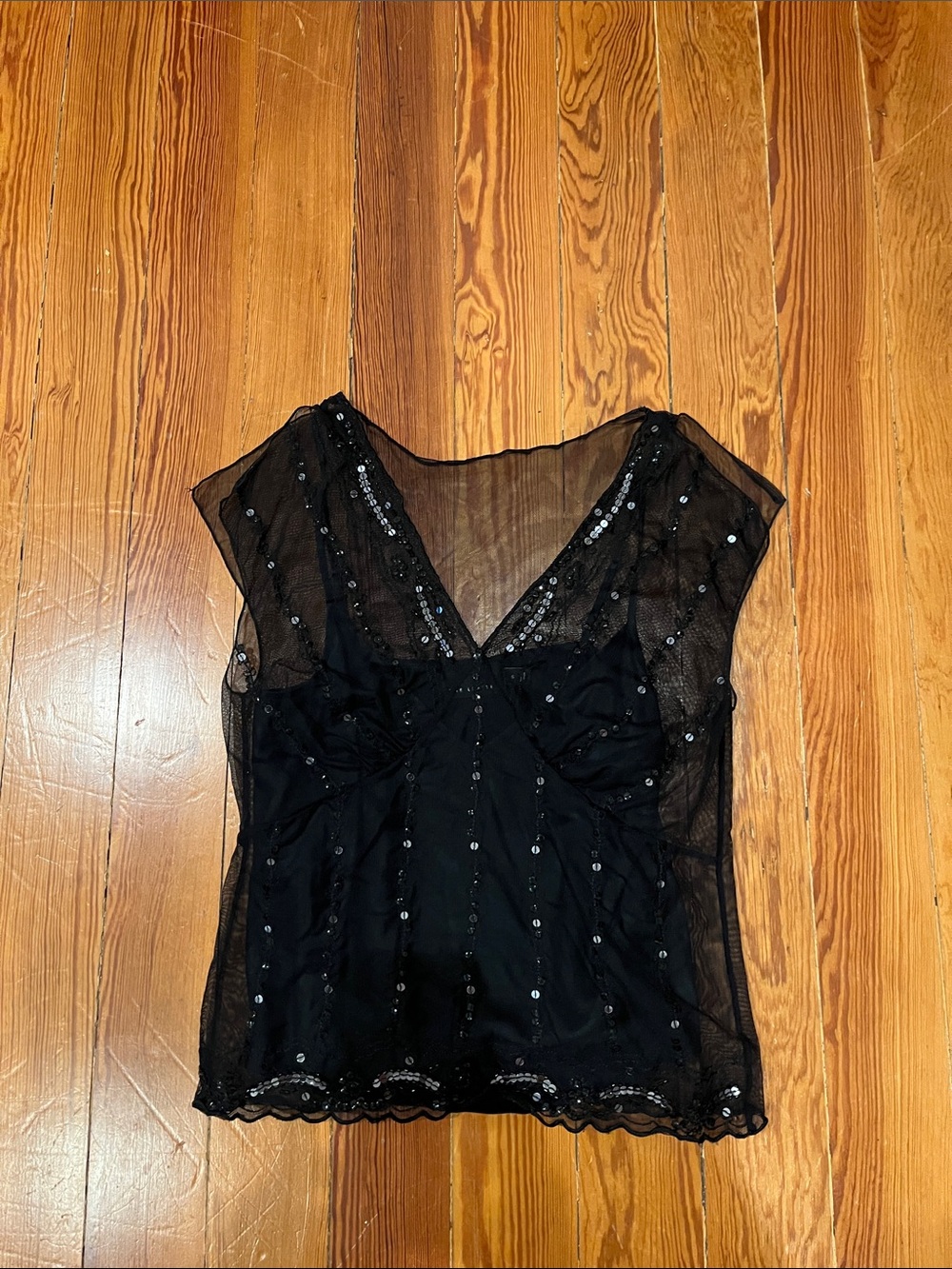 Limited S Black Sequin Sheer V-Neck Top